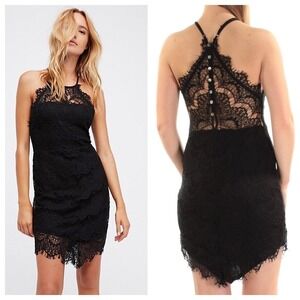 Intimately Free People Black Lace Halter Mini Dress XS NWT Boho Racerback Button